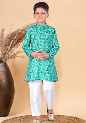Green Woven Cotton Blend Kurta Set For Boys
