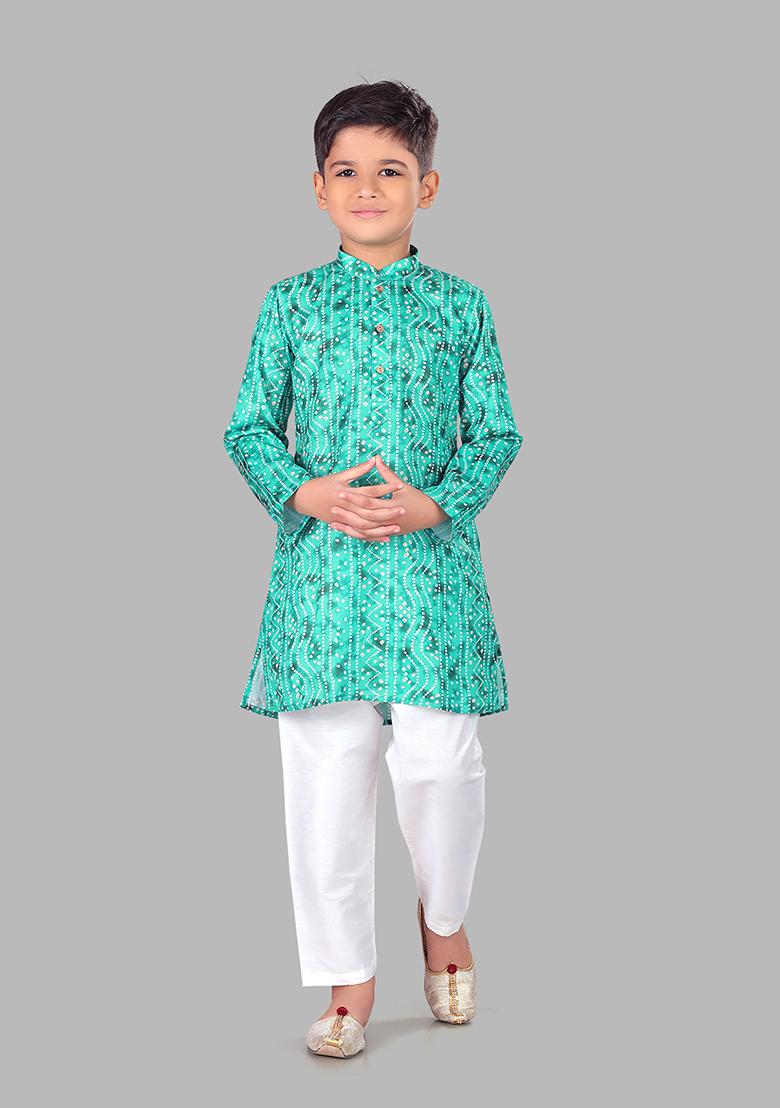 Green Woven Cotton Blend Kurta Set For Boys