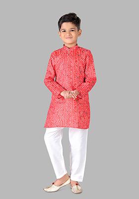 Red Woven Cotton Blend Kurta Set For Boys