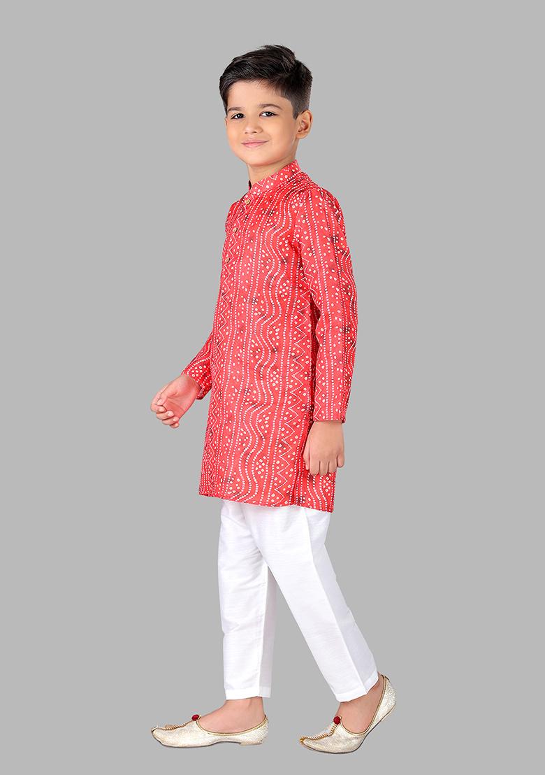 Red Woven Cotton Blend Kurta Set For Boys