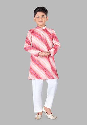 Pink Woven Cotton Blend Kurta Set For Boys