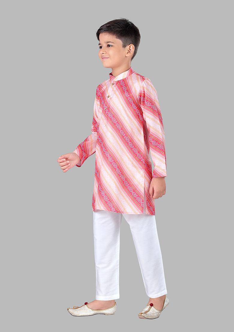 Pink Woven Cotton Blend Kurta Set For Boys