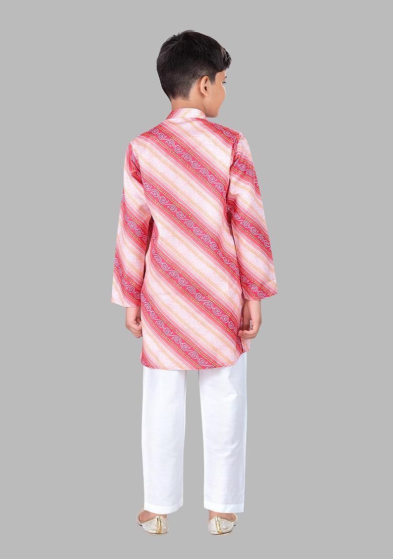 Pink Woven Cotton Blend Kurta Set For Boys