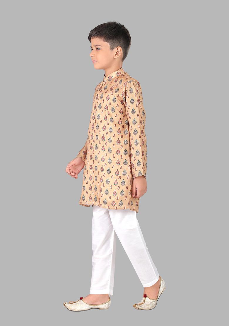 Beige Woven Cotton Blend Kurta Set For Boys