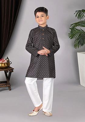 Black Woven Cotton Blend Kurta Set For Boys