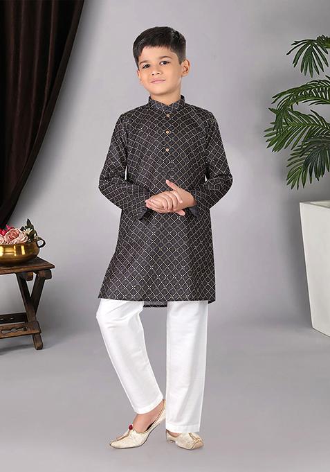 Black Woven Cotton Blend Kurta Set For Boys