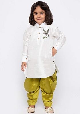 White Embroidered Silk kurta Set For Boys