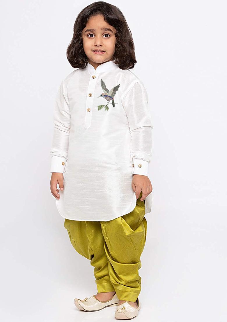White Embroidered Silk kurta Set For Boys
