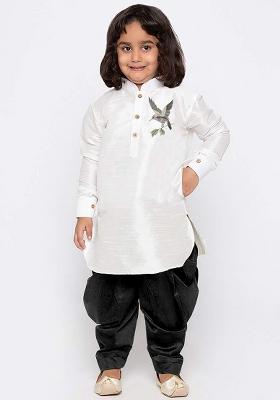 White Embroidered Silk kurta Set For Boys