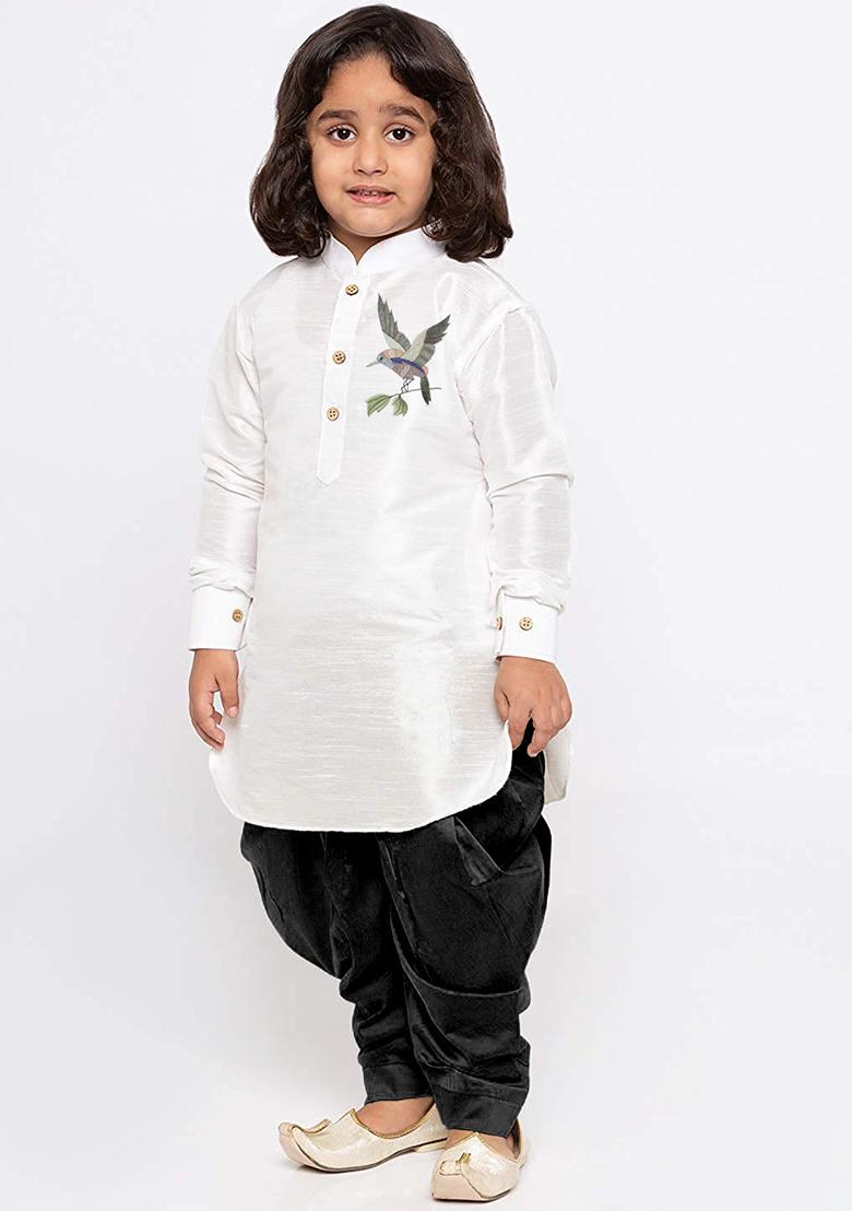 White Embroidered Silk kurta Set For Boys