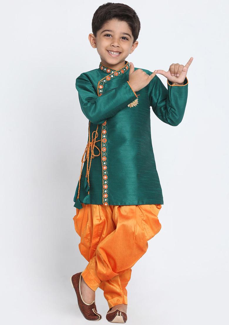 Sea Green Embroidered Silk kurta Set For Boys