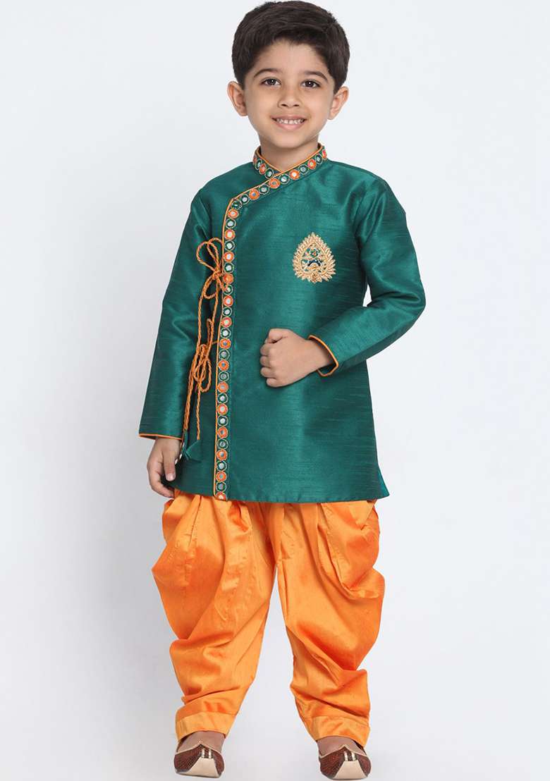 Sea Green Embroidered Silk kurta Set For Boys - Indya