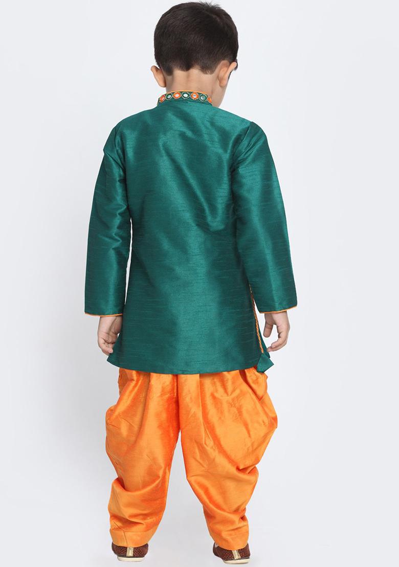 Sea Green Embroidered Silk kurta Set For Boys