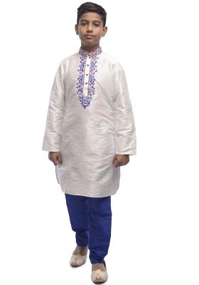 White Embroidered Silk kurta Set For Boys