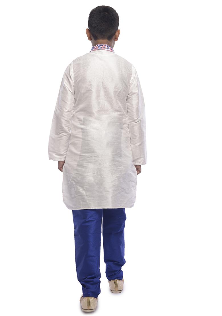 White Embroidered Silk kurta Set For Boys
