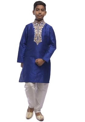 Royal Blue Embroidered Silk kurta Set For Boys