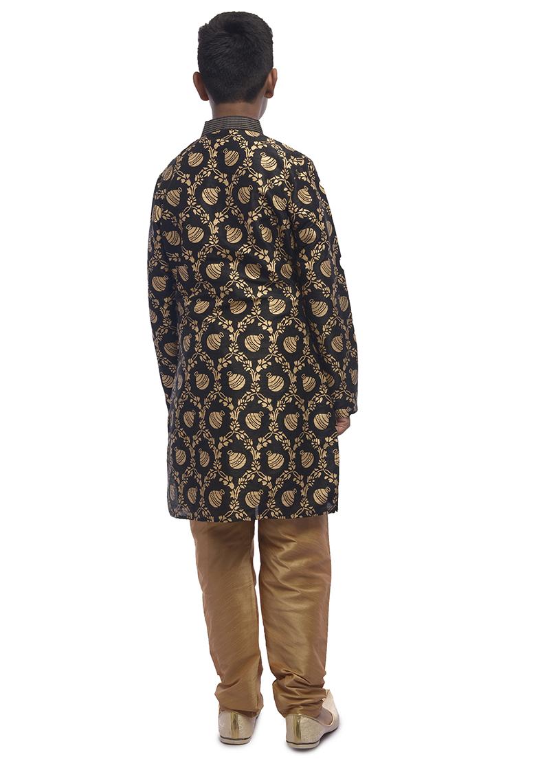 Black Embroidered Silk kurta Set For Boys