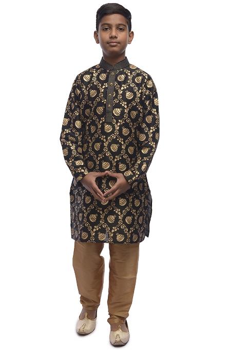 Black Embroidered Silk kurta Set For Boys