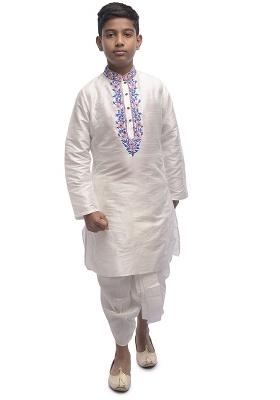 White Embroidered Silk kurta Set For Boys