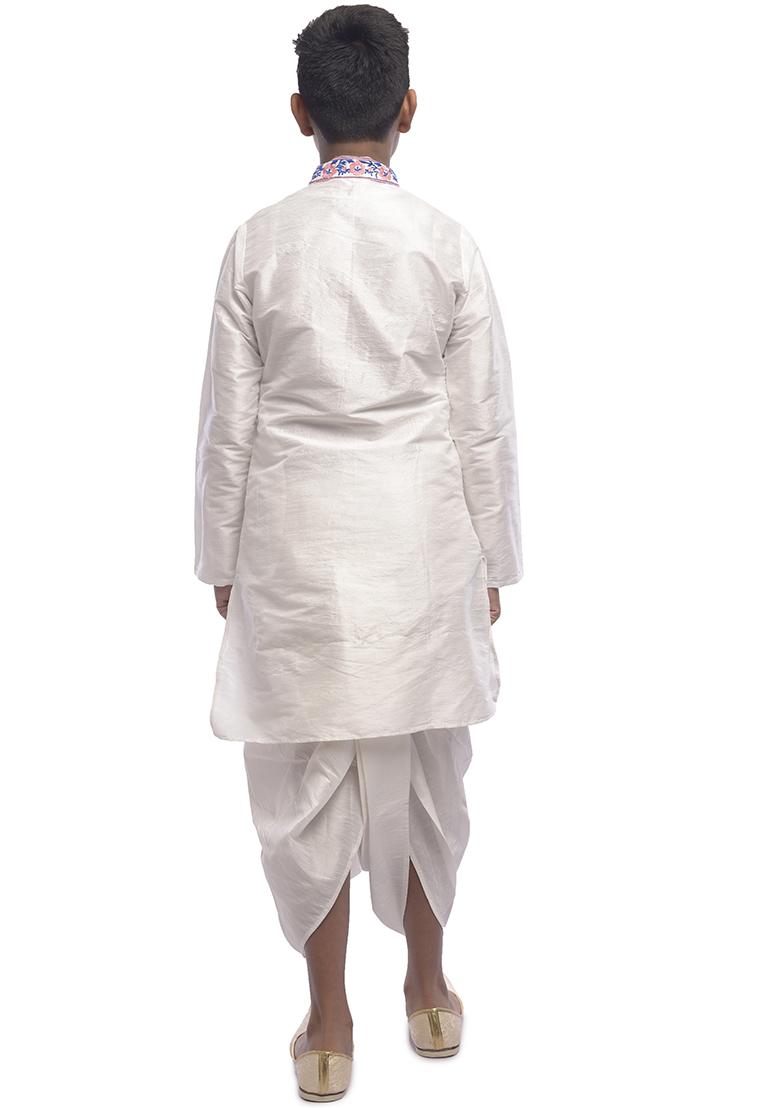 White Embroidered Silk kurta Set For Boys