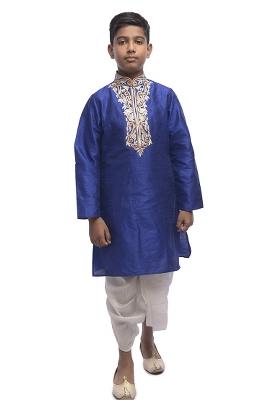 Royal Blue Embroidered Silk kurta Set For Boys