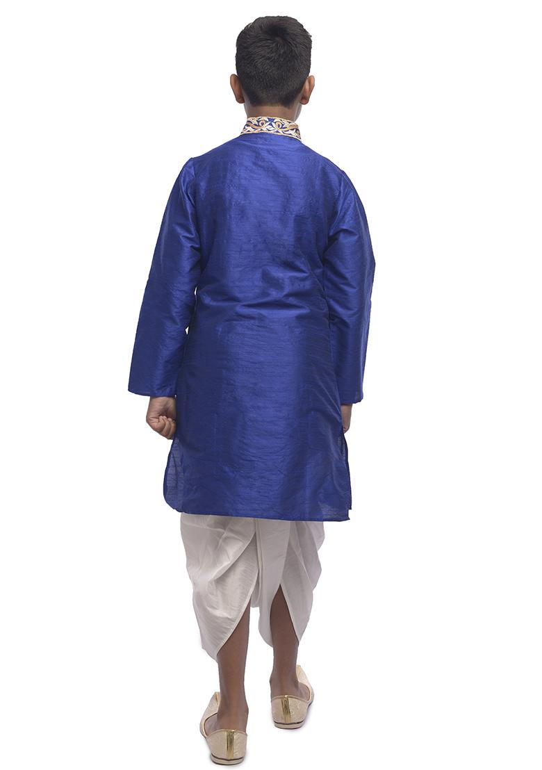 Royal Blue Embroidered Silk kurta Set For Boys
