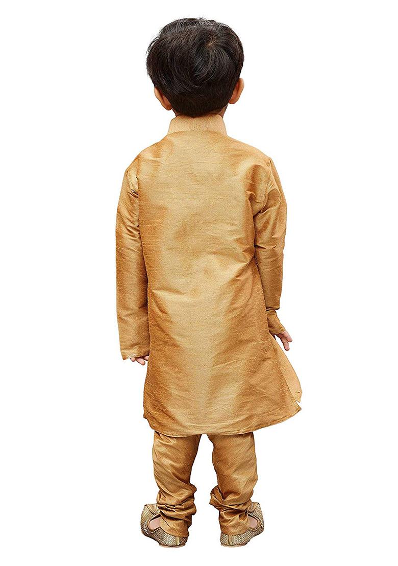 Golden Embroidered Silk kurta Set For Boys
