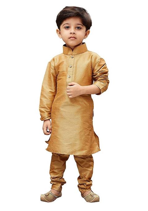 Golden Embroidered Silk kurta Set For Boys