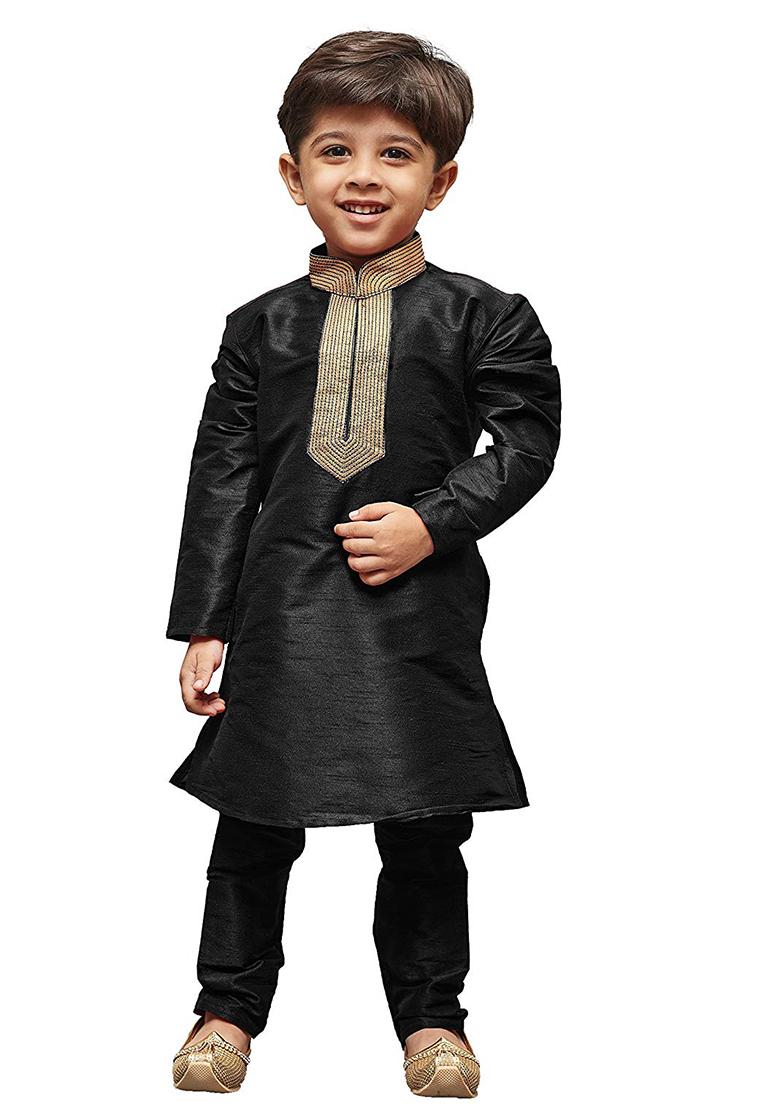 Black Embroidered Silk kurta Set For Boys