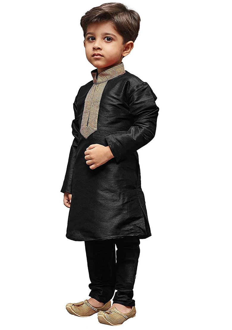 Black Embroidered Silk kurta Set For Boys