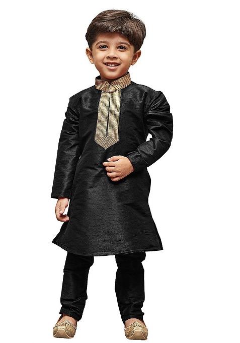 Black Embroidered Silk kurta Set For Boys