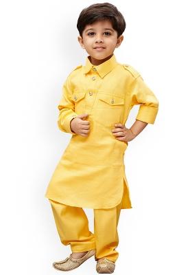 Yellow Embroidered Silk kurta Set For Boys