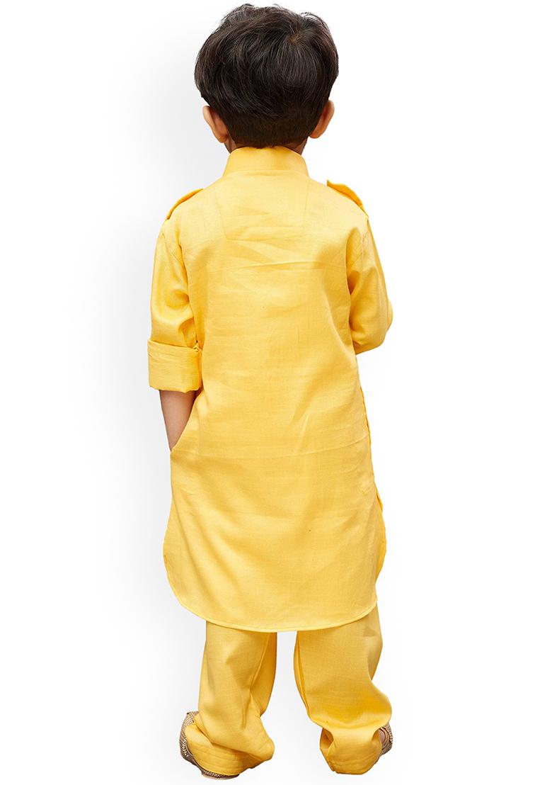 Yellow Embroidered Silk kurta Set For Boys
