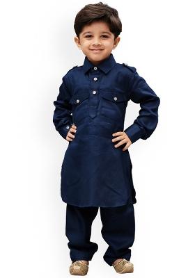 Navy Embroidered Silk kurta Set For Boys