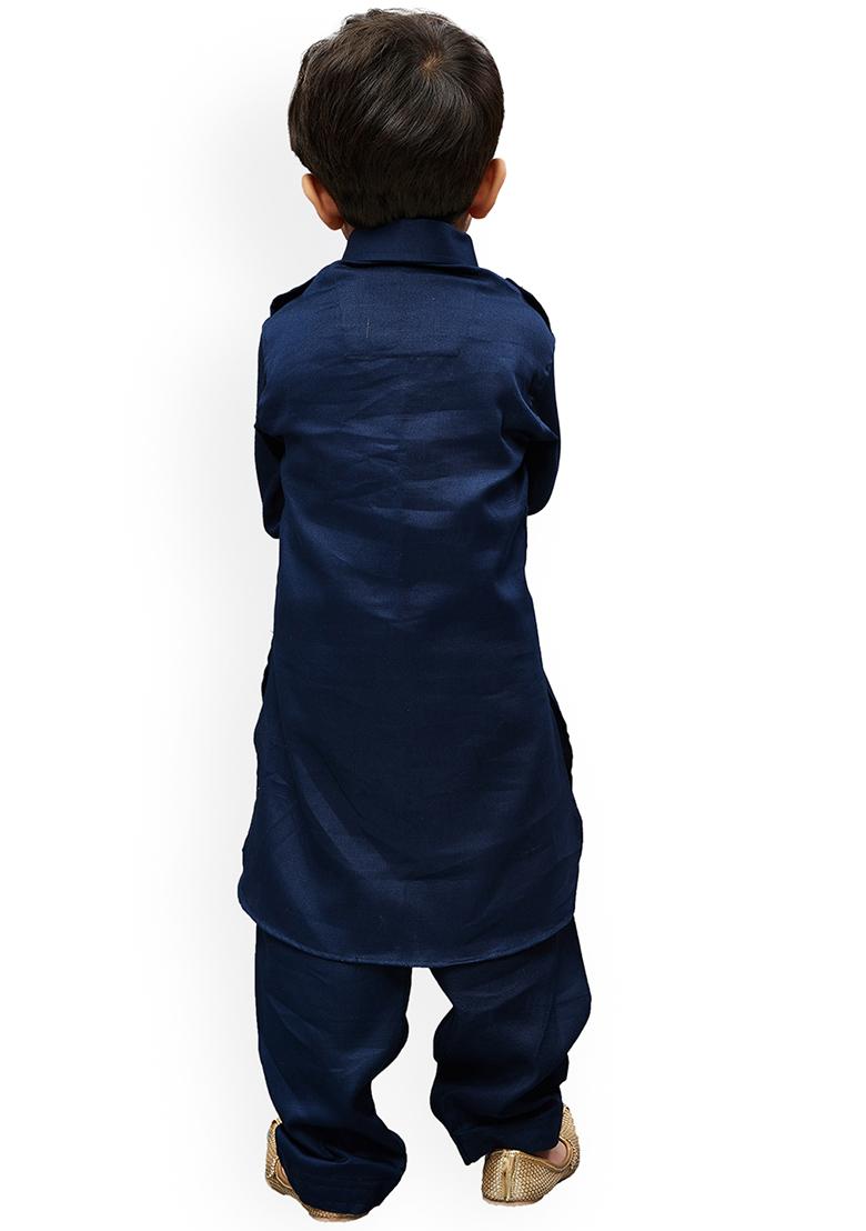 Navy Embroidered Silk kurta Set For Boys