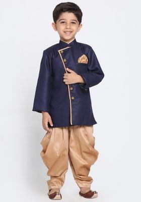 Navy Embroidered Silk kurta Set For Boys