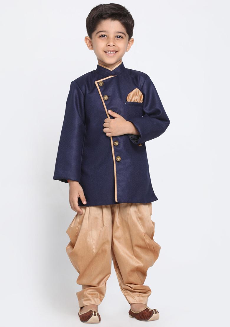 Navy Embroidered Silk kurta Set For Boys