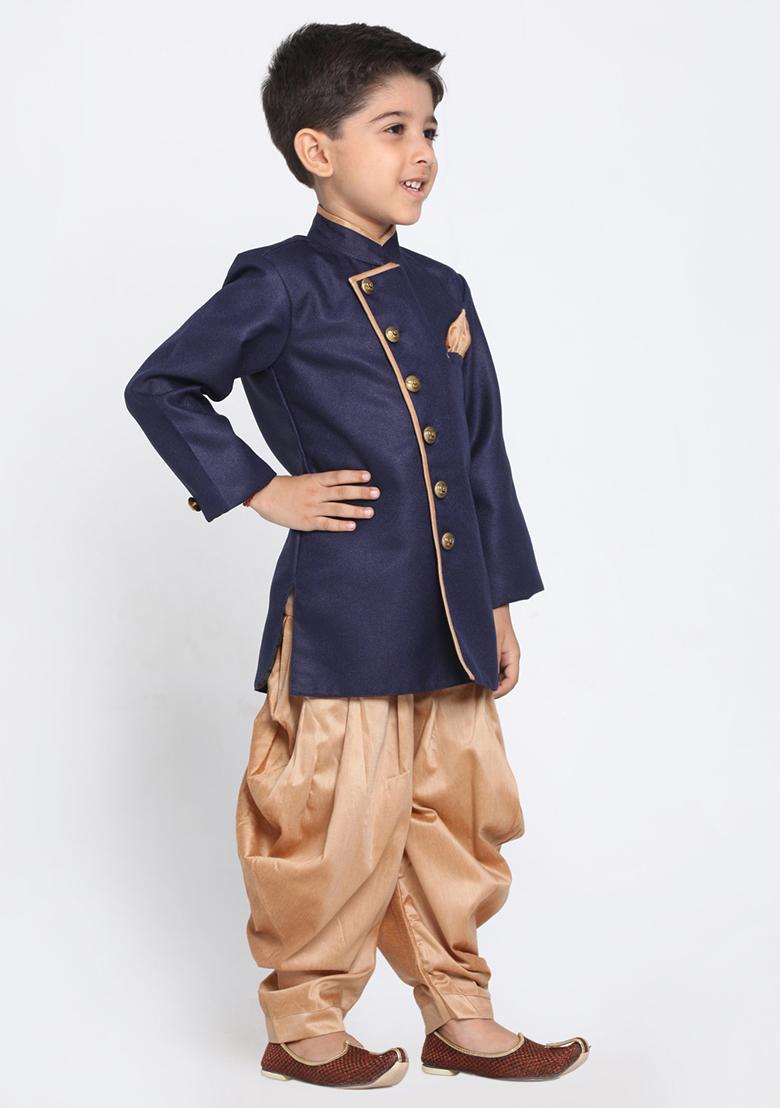 Navy Embroidered Silk kurta Set For Boys