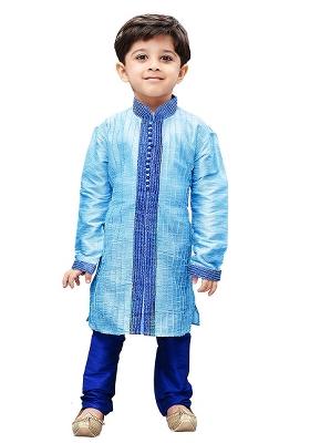 Light Blue Embroidered Silk kurta Set For Boys
