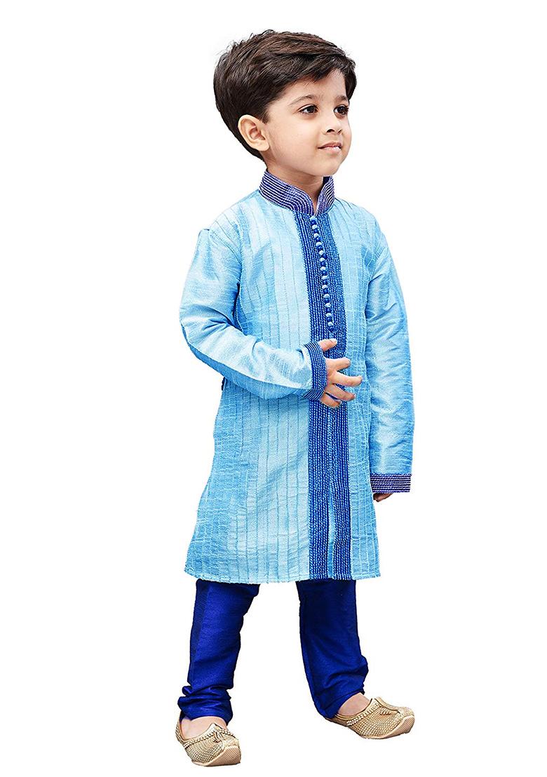 Light Blue Embroidered Silk kurta Set For Boys