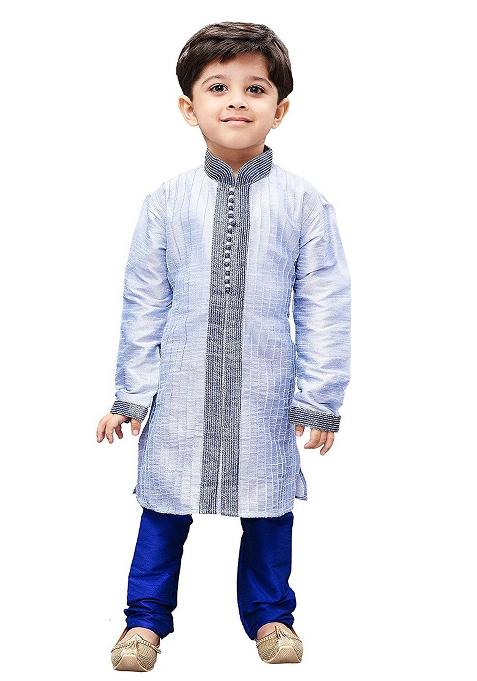 Light Blue Embroidered Silk kurta Set For Boys