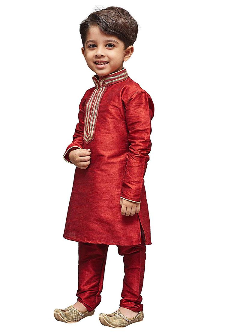 Maroon Embroidered Silk kurta Set For Boys