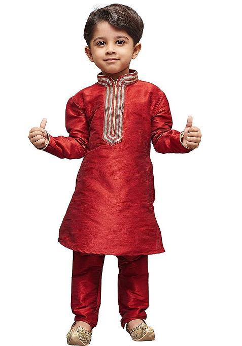 Maroon Embroidered Silk kurta Set For Boys