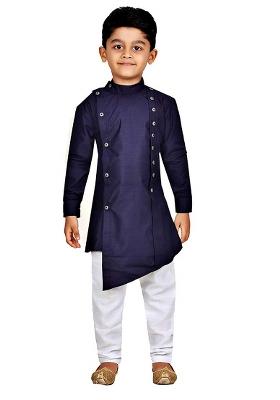 Navy Embroidered Silk kurta Set For Boys