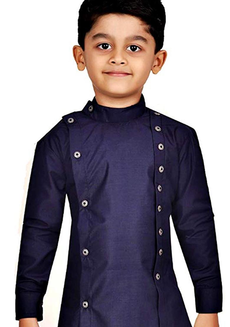 Navy Embroidered Silk kurta Set For Boys