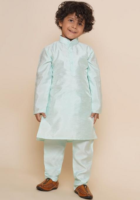 Light Blue Embroidered Silk kurta Set For Boys