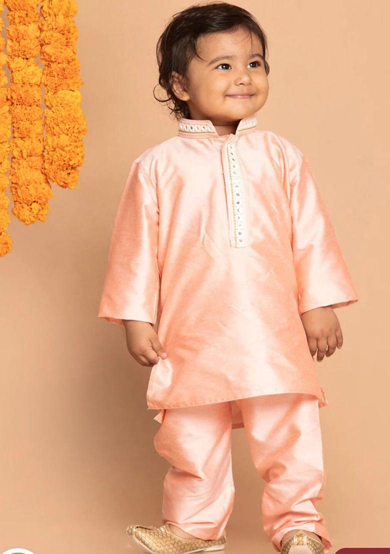 Peach Embroidered Silk kurta Set For Boys