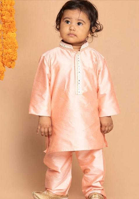 Peach Embroidered Silk kurta Set For Boys