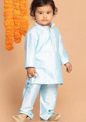 Light Blue Embroidered Silk kurta Set For Boys