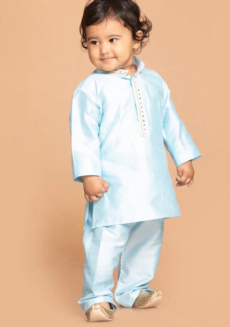 Light Blue Embroidered Silk kurta Set For Boys